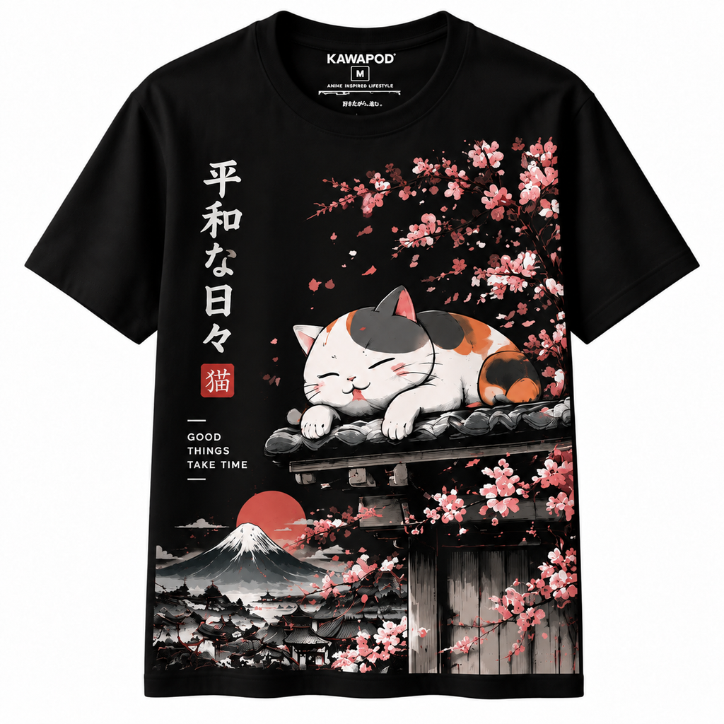 Classic Unisex T-Shirt Sleeping Cat Mt Fuji Graphic